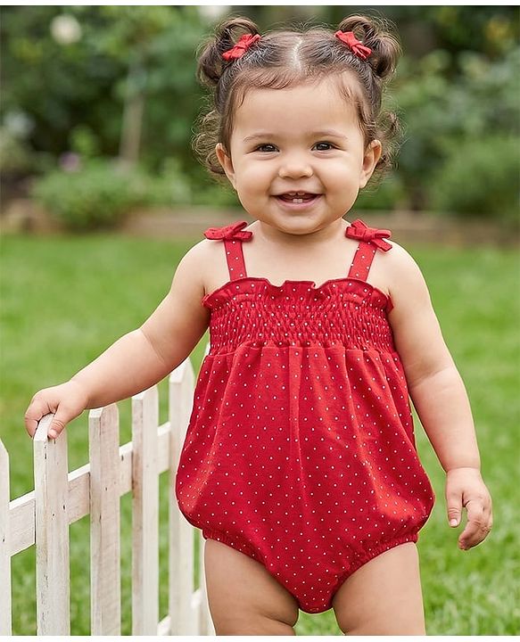 Babyhug 100% Cotton Sleeveless Onesies With Dots Print - Red