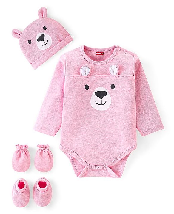 Babyhug 100% Cotton Full Sleeves Onesies With Cap & Mittens & Booties Teddy Print - Pink