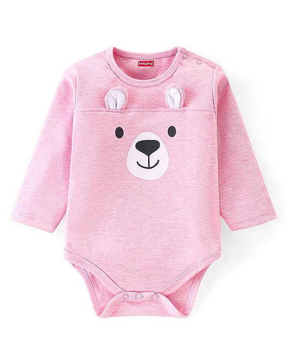Babyhug 100% Cotton Full Sleeves Onesies With Cap & Mittens & Booties Teddy Print - Pink