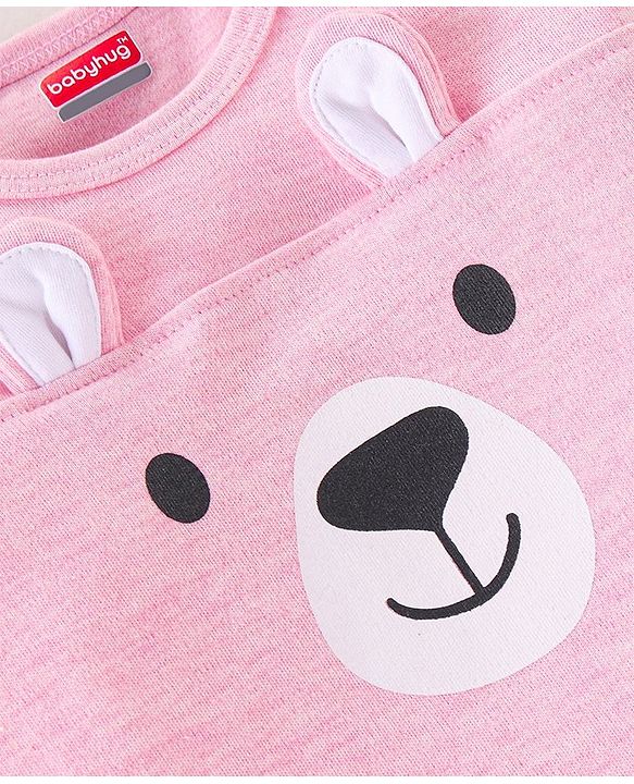 Babyhug 100% Cotton Full Sleeves Onesies With Cap & Mittens & Booties Teddy Print - Pink