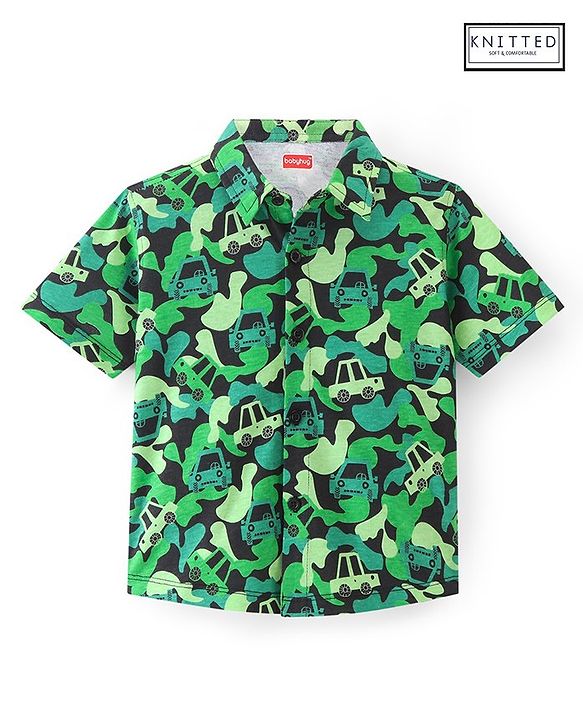 Babyhug 100% Cotton Knit Half Sleeve Shirt With Car Print - Green