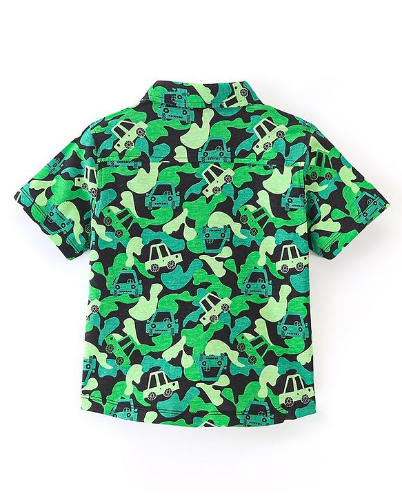 Babyhug 100% Cotton Knit Half Sleeve Shirt With Car Print - Green