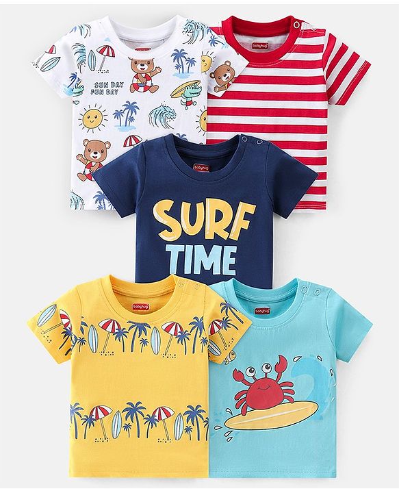 Babyhug 100% Cotton Half Sleeves T-Shirt Bear Print Pack of 5- Multicolour