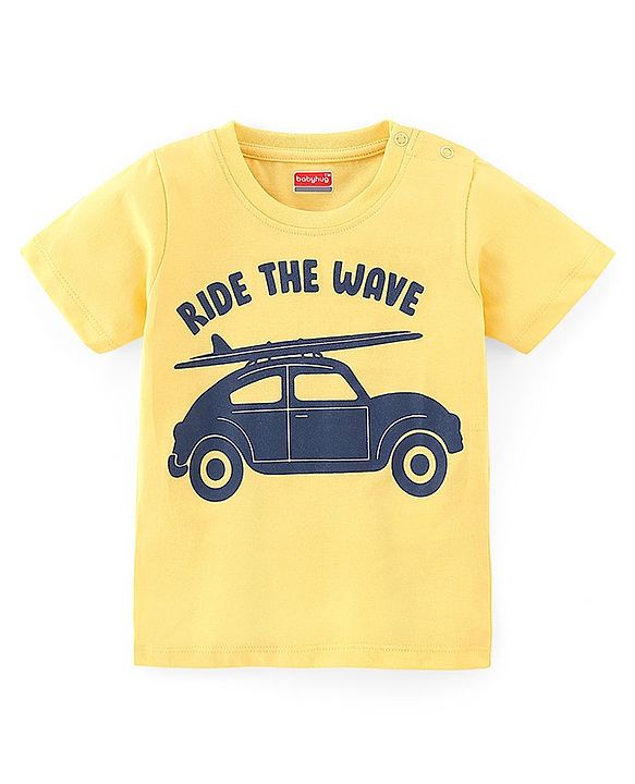 Babyhug Cotton Knit Half Sleeves Car Printed T-Shirt - Yellow