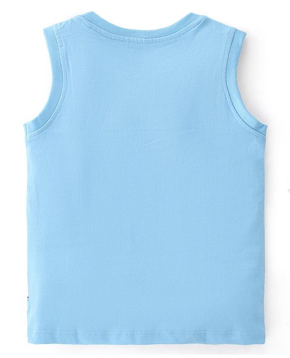 Babyhug 100% Cotton Knit Sleeveless T-Shirt with Puff Print and Tiger Graphics - Blue