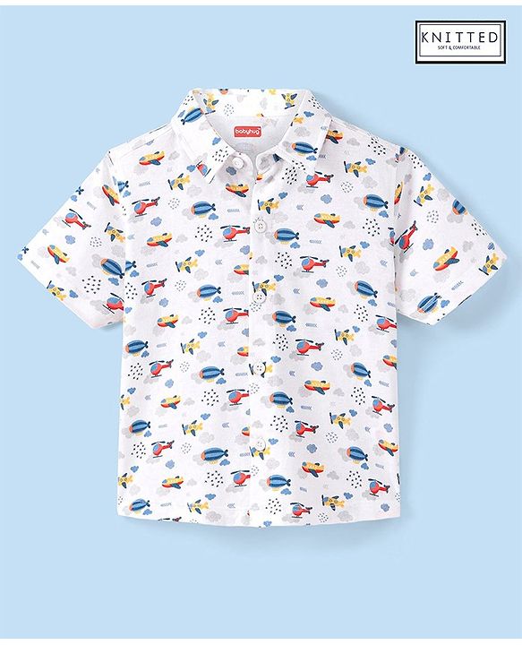 Babyhug 100% Cotton Knit Half Sleeve Shirt With Aircraft Print - White