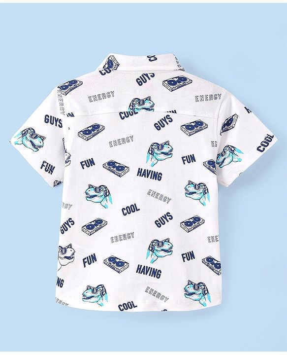 Babyhug 100% Cotton Knit Half Sleeve Shirt With Cool Dino Print - Blue & White