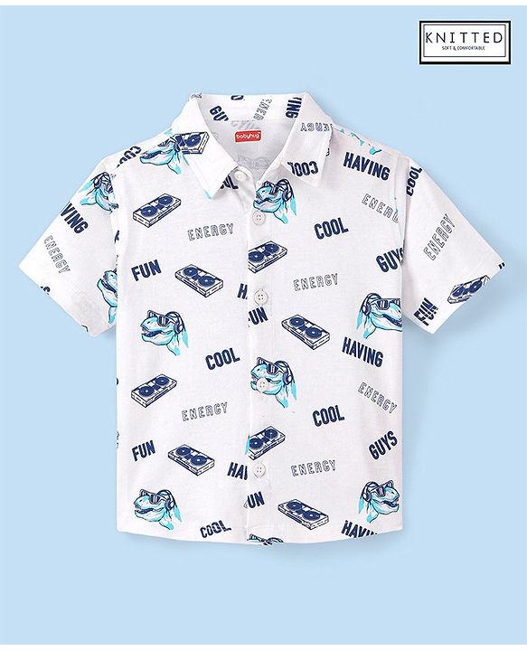 Babyhug 100% Cotton Knit Half Sleeve Shirt With Cool Dino Print - Blue & White