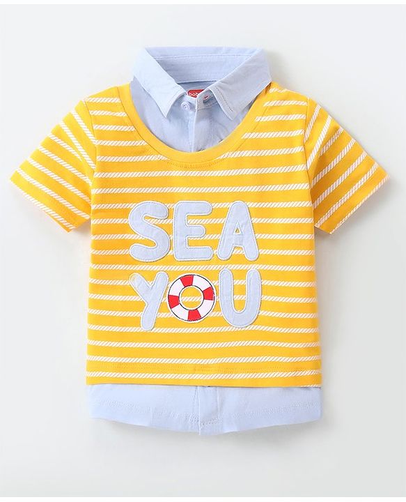 Babyhug Cotton Knit Half Sleeves Overlapped Collared  T-Shirt With Text Print - Yellow