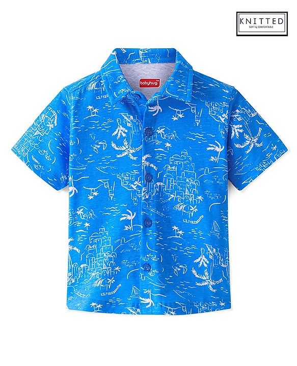 Babyhug Cotton Knit Half Sleeves Shirt Beach Theme Print- Blue