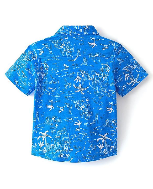 Babyhug Cotton Knit Half Sleeves Shirt Beach Theme Print- Blue