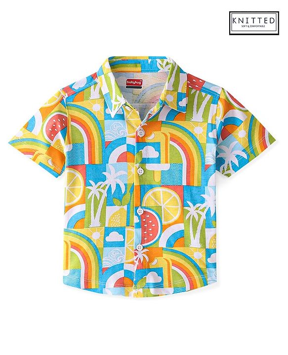 Babyhug Cotton Knitted Half Sleeves  Regular Collar Shirt Rainbow Printed  - White Blue & Yellow