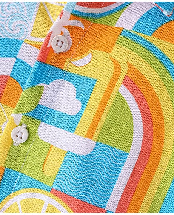 Babyhug Cotton Knitted Half Sleeves  Regular Collar Shirt Rainbow Printed  - White Blue & Yellow