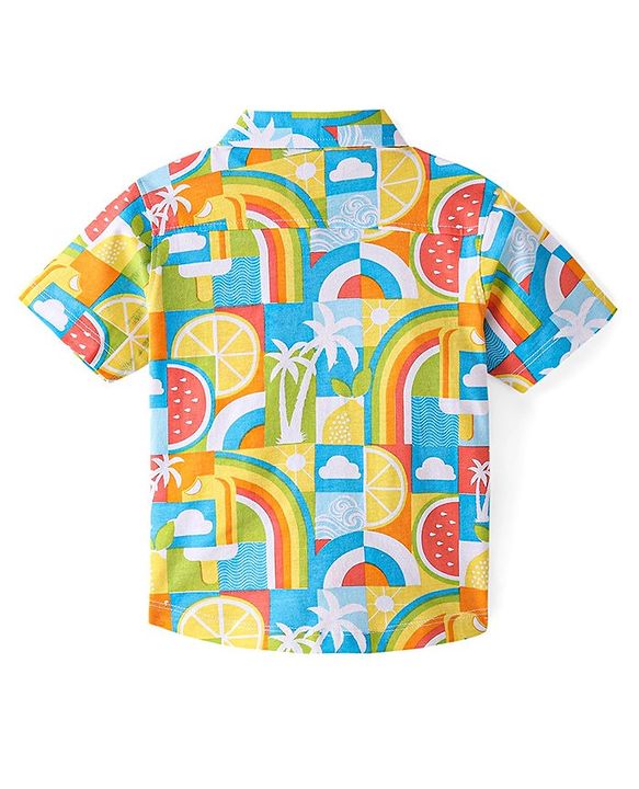 Babyhug Cotton Knitted Half Sleeves  Regular Collar Shirt Rainbow Printed  - White Blue & Yellow