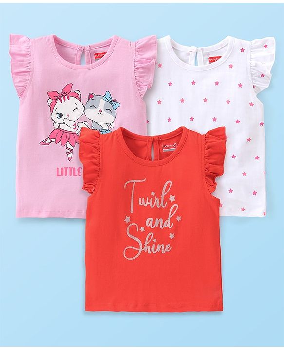 Babyhug Cotton Knit Frill Sleeves Kitty Print T-Shirts Pack of 3 - Red Pink & White