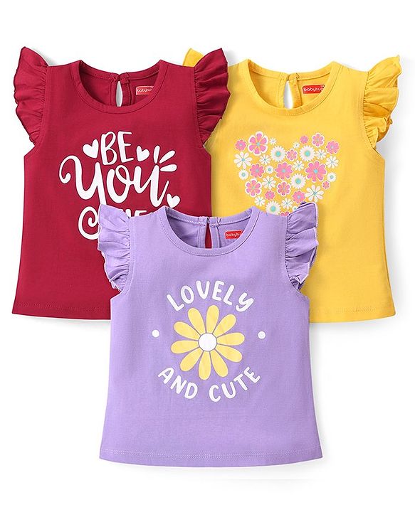 Babyhug 100% Cotton Frill Sleeves Tops With  Floral Graphics & Text Print Pack of 3- Multicolour