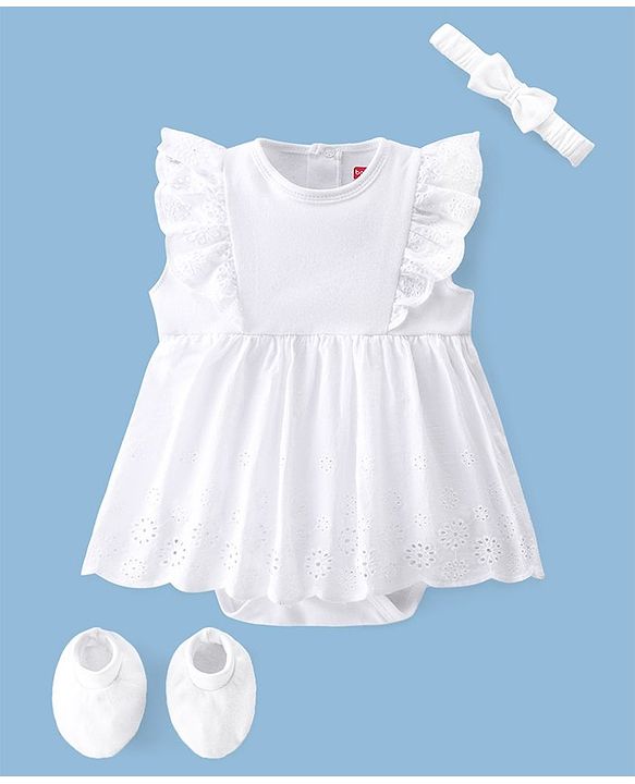 Babyhug 100% Cotton Interlock Knit Sleeveless Solid Color Onesies with Hair Band & Booties - White
