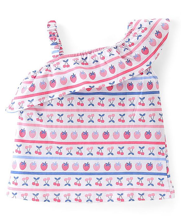 Babyhug 100% Cotton Knit Sleeveless Asymmetrical Top with Frill Detailing Cherry Print - White & Pink