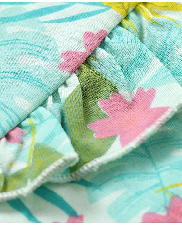 Babyhug Cotton Knit Half Sleeves Top With Frill Detailing & Floral Print - Light Green