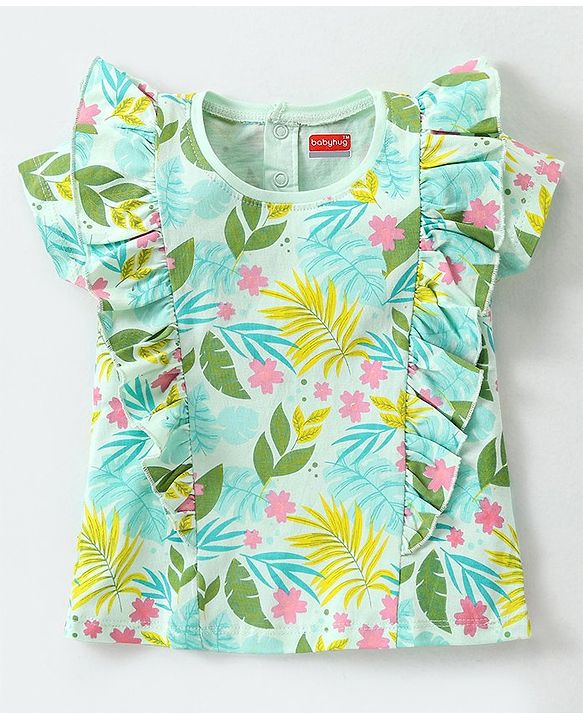 Babyhug Cotton Knit Half Sleeves Top With Frill Detailing & Floral Print - Light Green