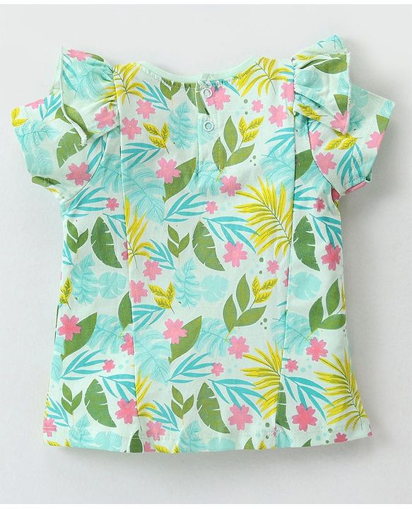 Babyhug Cotton Knit Half Sleeves Top With Frill Detailing & Floral Print - Light Green