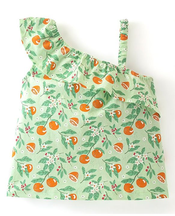 Babyhug Cotton Knit One Shoulder Sleeves   Top  with Frill Detailing Orange & Floral  Print - Green