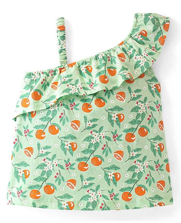 Babyhug Cotton Knit One Shoulder Sleeves   Top  with Frill Detailing Orange & Floral  Print - Green