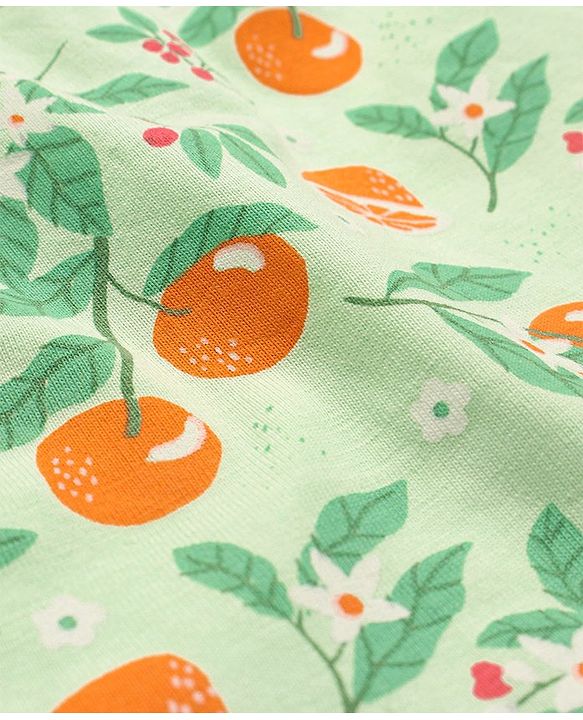 Babyhug Cotton Knit One Shoulder Sleeves   Top  with Frill Detailing Orange & Floral  Print - Green