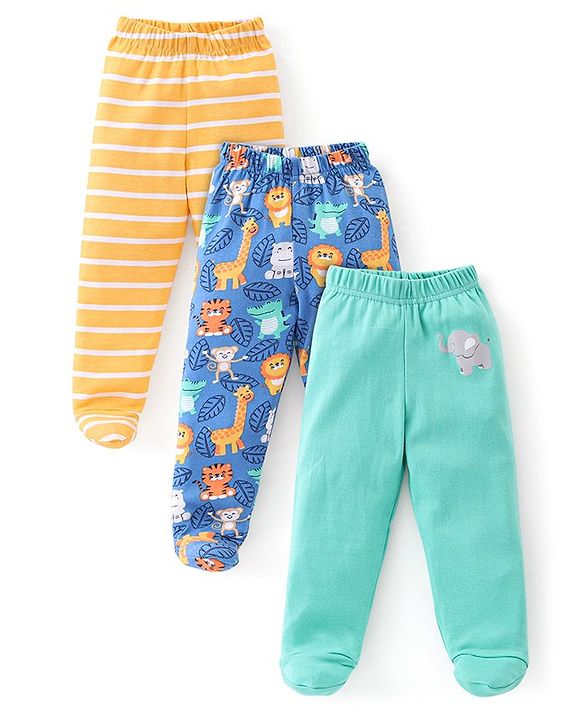Babyhug Cotton Knit Bootie Legging with Animals Print Pack of 3 - Yellow Navy Blue & Green