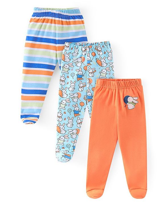 Babyhug Cotton Knit Footed Bootie Leggings Bunny Printed  Pack of 3 - Blue & Peach