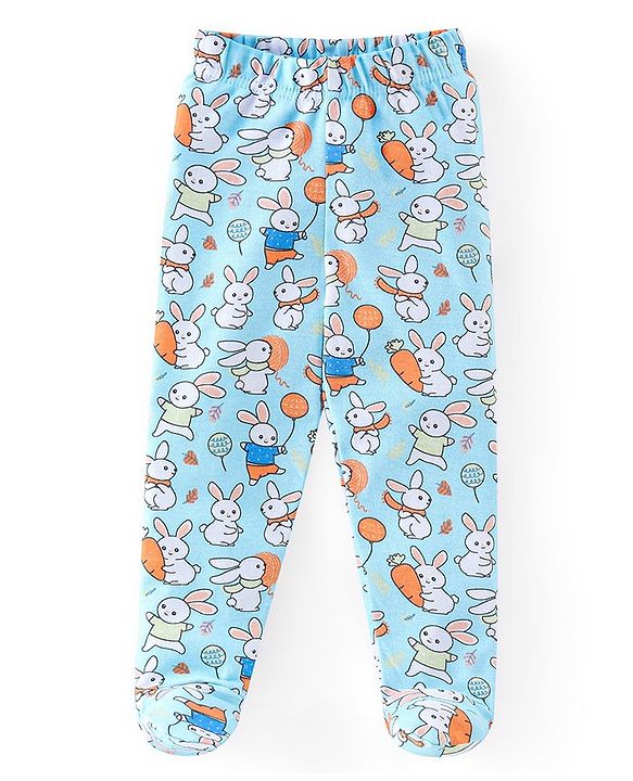 Babyhug Cotton Knit Footed Bootie Leggings Bunny Printed  Pack of 3 - Blue & Peach