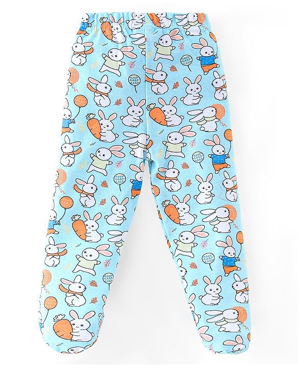 Babyhug Cotton Knit Footed Bootie Leggings Bunny Printed  Pack of 3 - Blue & Peach