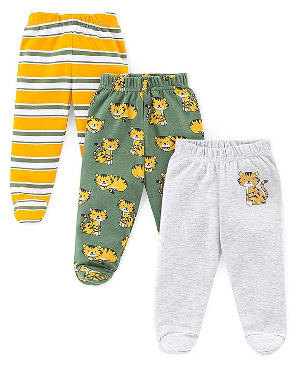 Babyhug Interlock Cotton Knit Footed Bootie Pants Stripes & Big Cat Print - Yellow Green & Grey