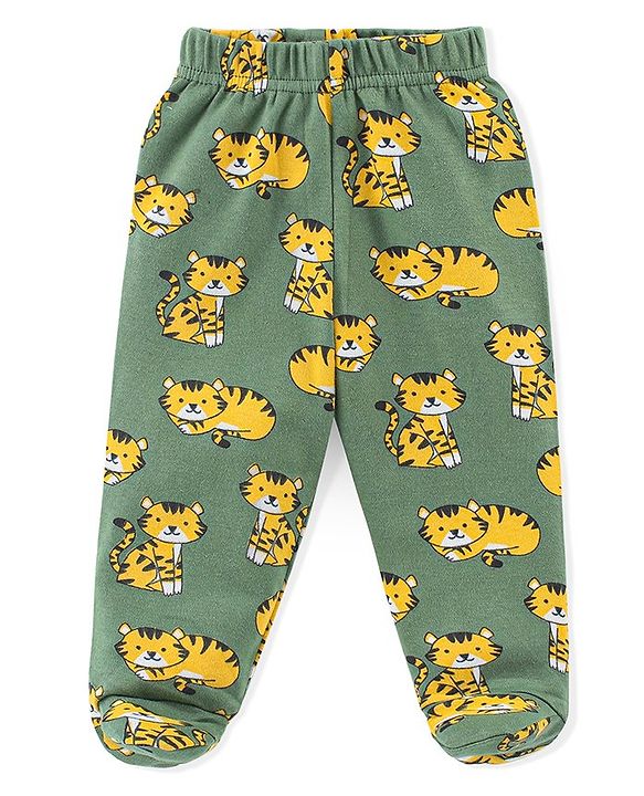 Babyhug Interlock Cotton Knit Footed Bootie Pants Stripes & Big Cat Print Pack of 3 - Yellow Green & Grey