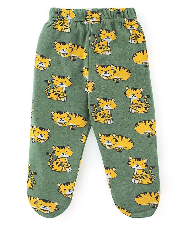 Babyhug Interlock Cotton Knit Footed Bootie Pants Stripes & Big Cat Print Pack of 3 - Yellow Green & Grey
