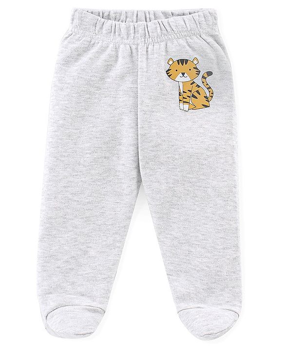 Babyhug Interlock Cotton Knit Footed Bootie Pants Stripes & Big Cat Print Pack of 3 - Yellow Green & Grey