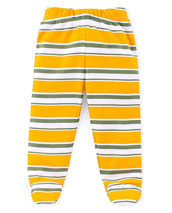 Babyhug Interlock Cotton Knit Footed Bootie Pants Stripes & Big Cat Print Pack of 3 - Yellow Green & Grey