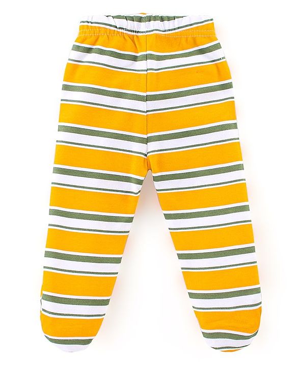 Babyhug Interlock Cotton Knit Footed Bootie Pants Stripes & Big Cat Print Pack of 3 - Yellow Green & Grey