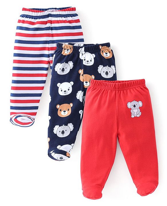 Babyhug Cotton Full Length Bootie Leggings Koala Bear Print Pack of 3 - Blue & Red