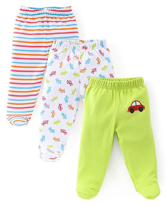 Babyhug Cotton Full Length Bootie Leggings Car Print Pack of 3 - Green White & Red