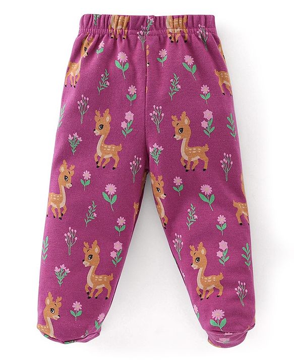 Babyhug Cotton Full Length Bootie Leggings Deer Print Pack of 3 - Pink & Blue
