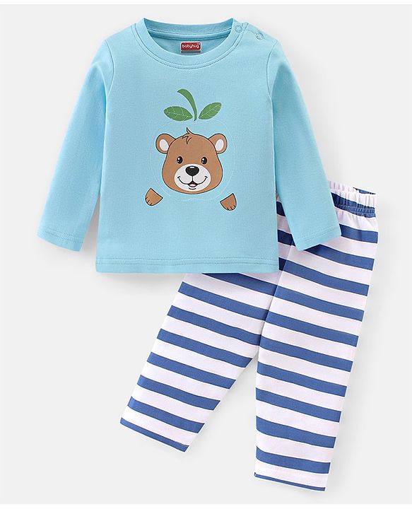 Babyhug Interlock Knit Full Sleeves Night Suit Stripes & Bear Print - Blue