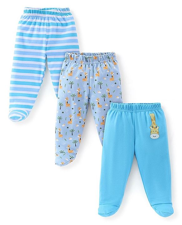 Babyhug Cotton Full Length Bootie Leggings Stripes & Giraffe Print Pack Of 3- Blue