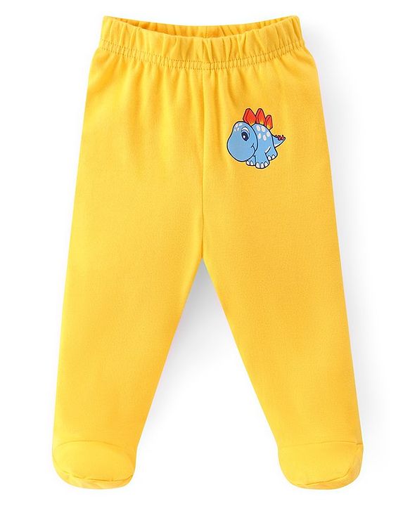 Babyhug Cotton Footed Bootie Leggings Striped & Dino Print Pack of 3 - White Blue & Yellow