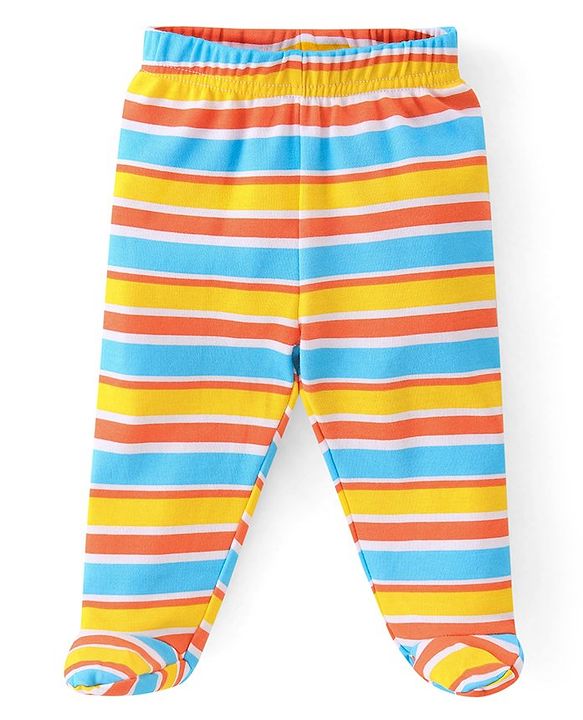 Babyhug Cotton Footed Bootie Leggings Striped & Dino Print Pack of 3 - White Blue & Yellow
