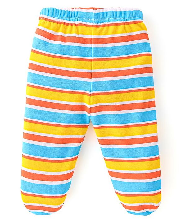 Babyhug Cotton Footed Bootie Leggings Striped & Dino Print Pack of 3 - White Blue & Yellow