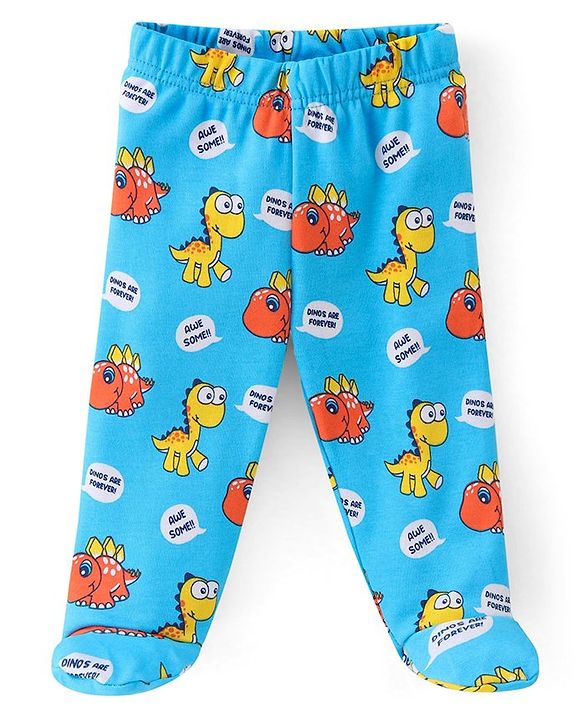 Babyhug Cotton Footed Bootie Leggings Striped & Dino Print Pack of 3 - White Blue & Yellow