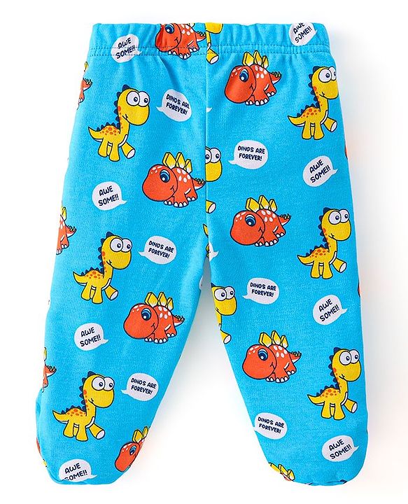 Babyhug Cotton Footed Bootie Leggings Striped & Dino Print Pack of 3 - White Blue & Yellow