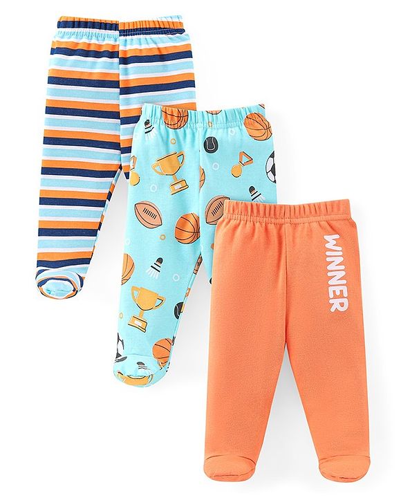 Babyhug Cotton Knit Footed Bootie Leggings Striped  Pack of 3 - Blue & Peach