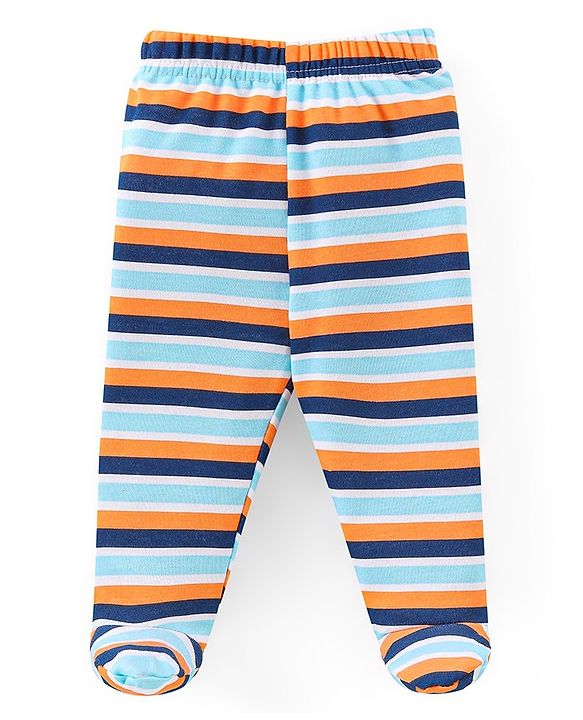 Babyhug Cotton Knit Footed Bootie Leggings Striped  Pack of 3 - Blue & Peach